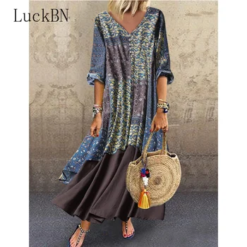 

Women Vintage Summer Autumn Long Dress Three Quart Er Sleeve Sexy V Neck Floral Print Patchwork Loose Draped Maxi Dresses Femme