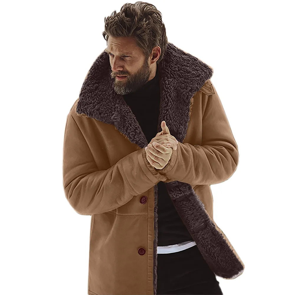 Модная мужская зимняя куртка из овчины, теплая шерстяная куртка с подкладкой из искусственного ягненка, пальто, верхняя одежда, повседневные мужские топы, блузка, новинка - Цвет: Brown