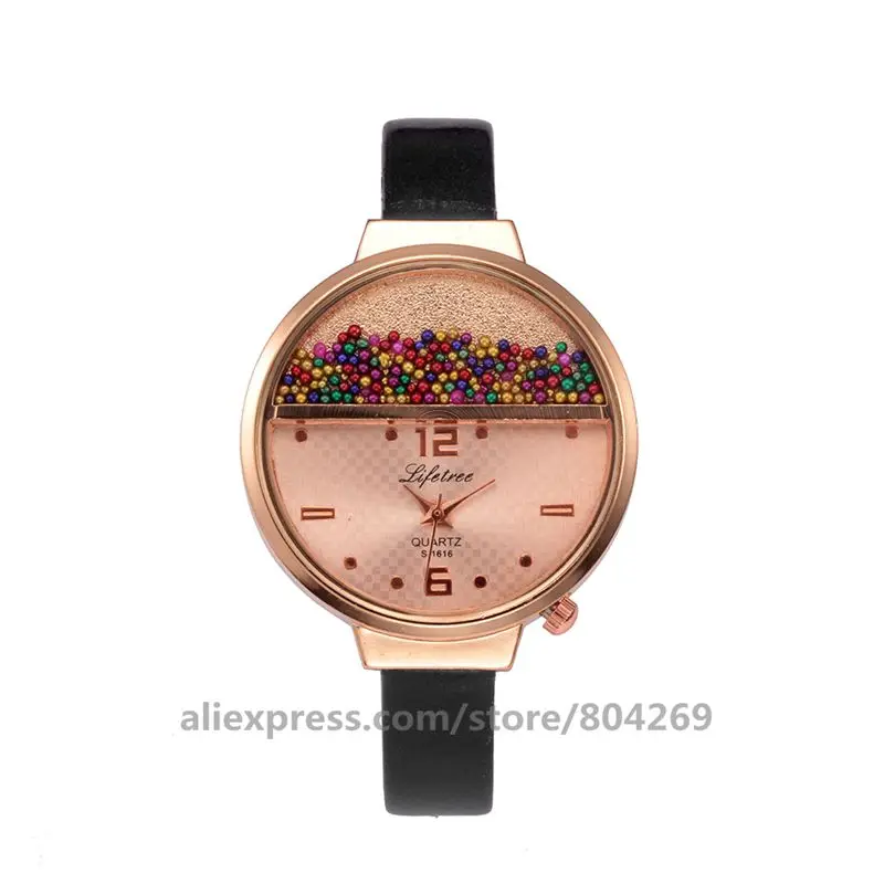 

Women Fashion Leather Casual Quartz Watches Ladies Dress Colorful Beads Girl Friend Watch Rose Dial Relojes Mujer Wristwatches