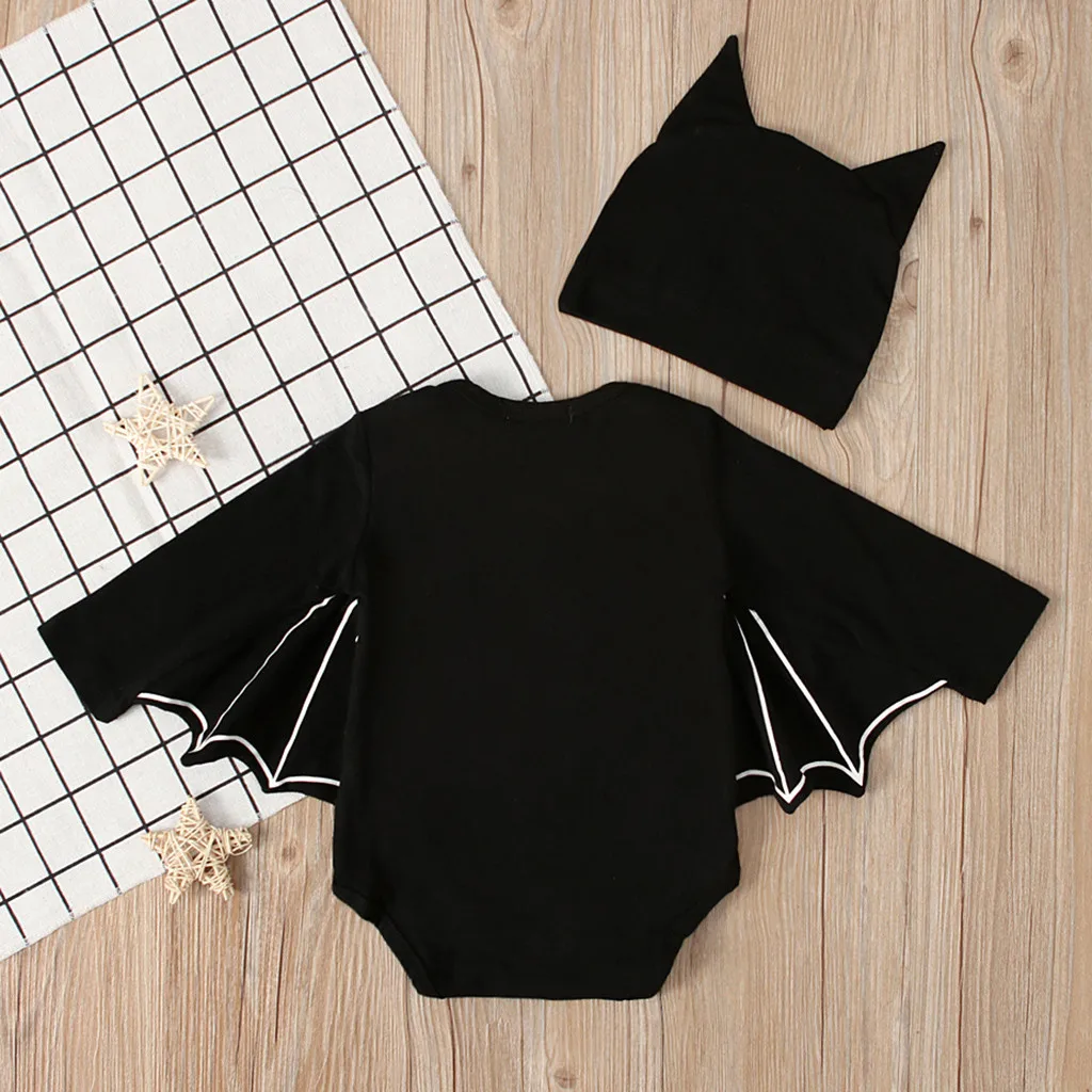 Боди+ шапочка для новорожденных с изображением летучей мыши, черный комбинезон с крылышками для младенцев, костюм унисекс, маленькая хлопковая детская одежда «Хеллоуин»