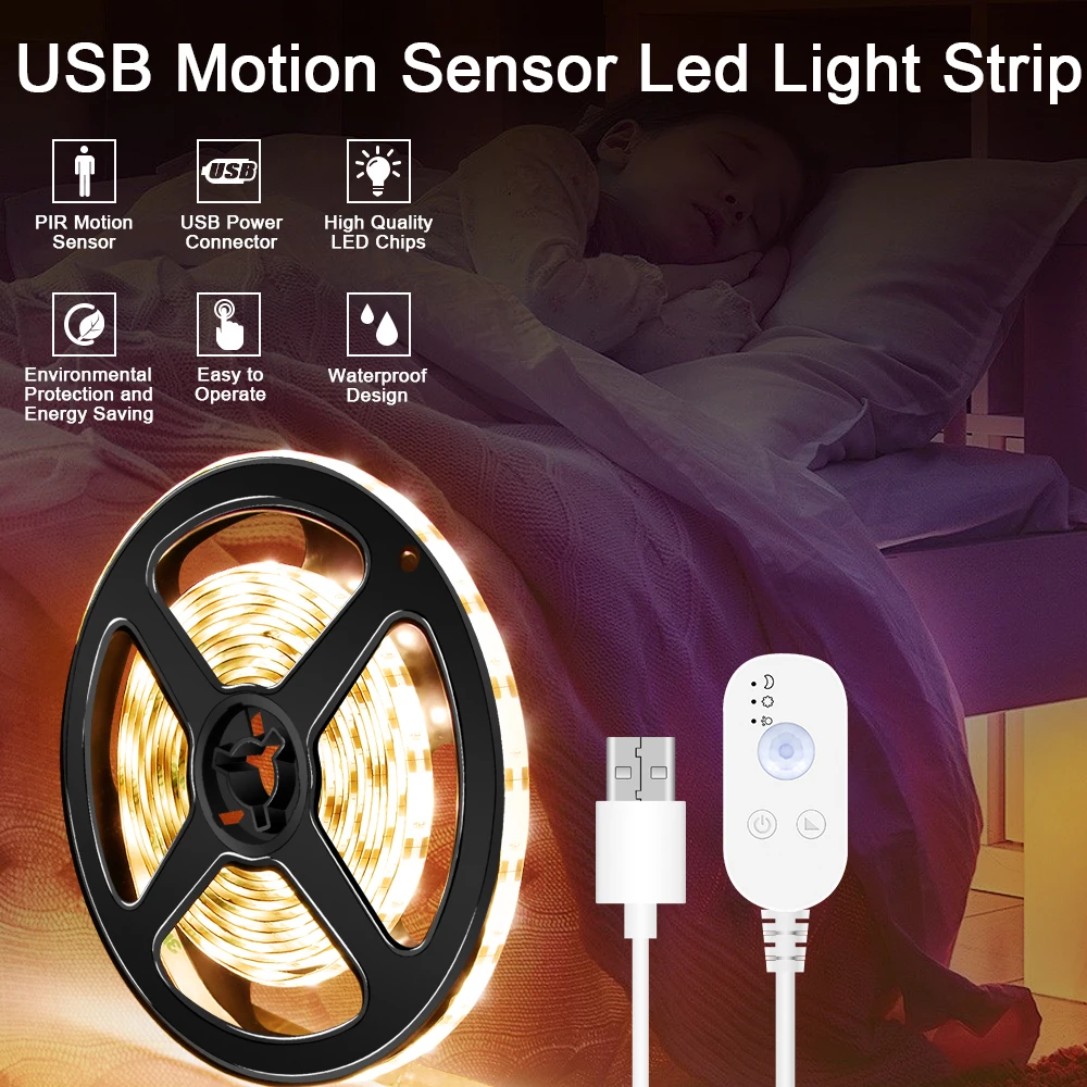 LED Under Cabinet Light USB Motion Sensor Lamp Strip LED Flexible 5V Wardrobe Backlight Lights Waterproof Bedroom LED Night Lamp