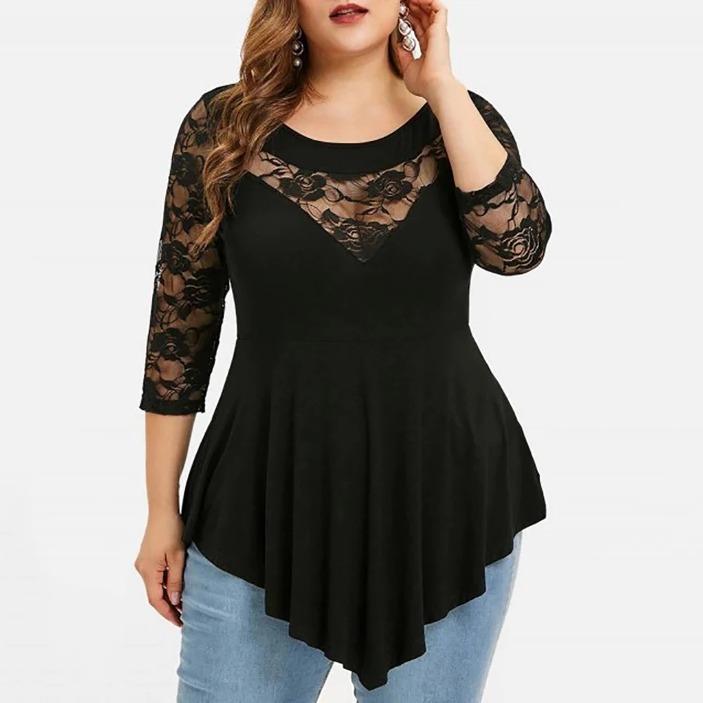 Large size Women blusas Sexy O-Neck Tshirt Plus Size 6XL Long Sleeve T-shirt Female Casual Hollow Lace Tees Tops Clothes D30