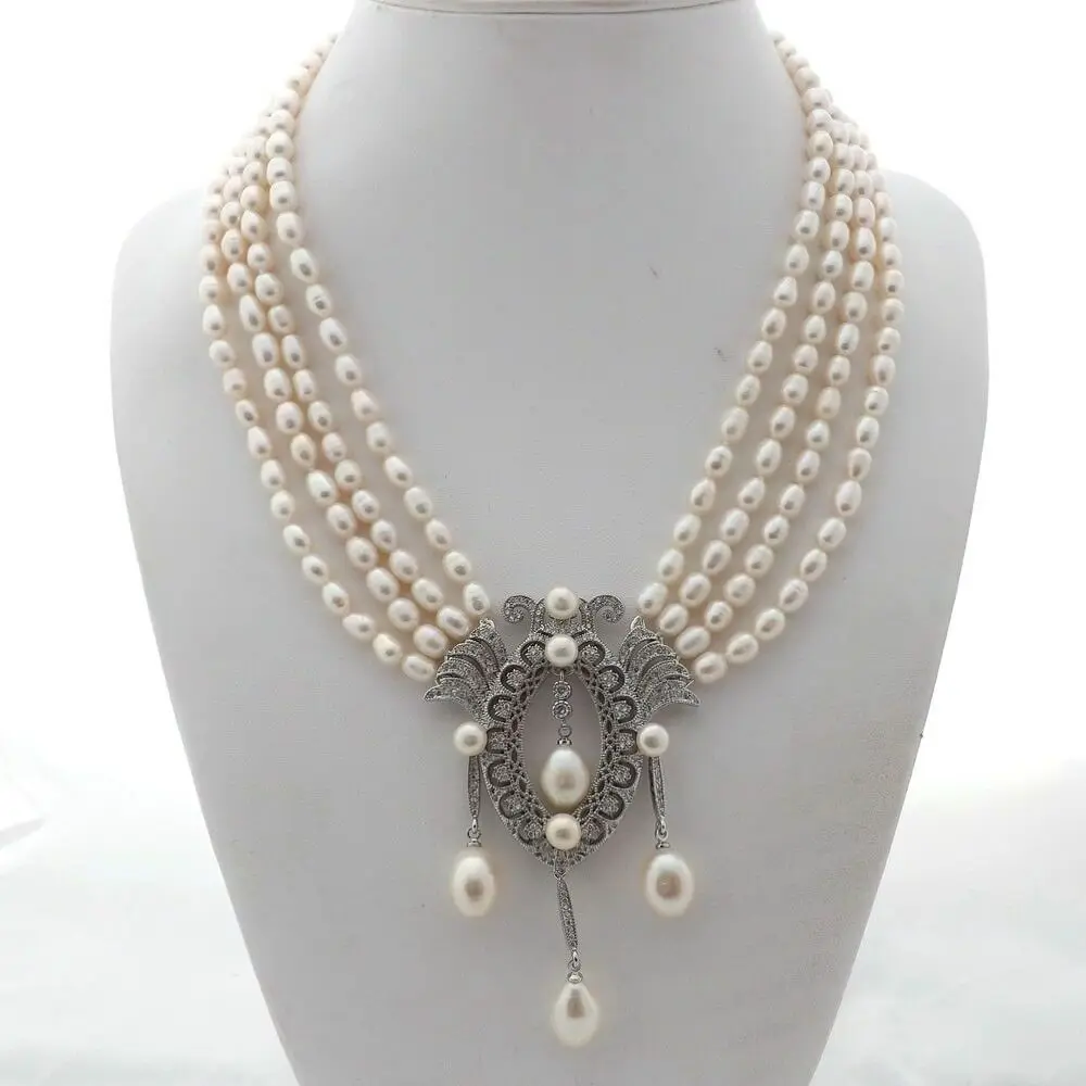 

Hand knotted 4strands white rice freshwater pearl micro inlay zircon accessories necklace fashion jewelry