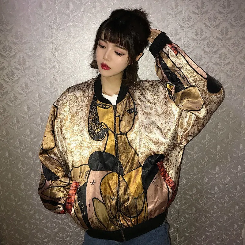

2019 Harajuku Gold Satin Print Jacket Glitter Baseball Jacket Autumn Streetwear Loose Coats Bomber Jacket