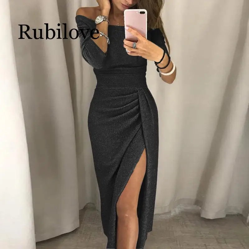 Rubilove с открытыми плечами, с высоким разрезом, облегающее платье, женские блестящие вечерние платья с длинным рукавом, винтажные элегантные платья с разрезом