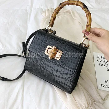 

New 2020 Alligator Pattern Small Women Square Handbag Bamboo Handle Tote Bag Luxury Brand Designer Lady Shoulder Crossbody Bag