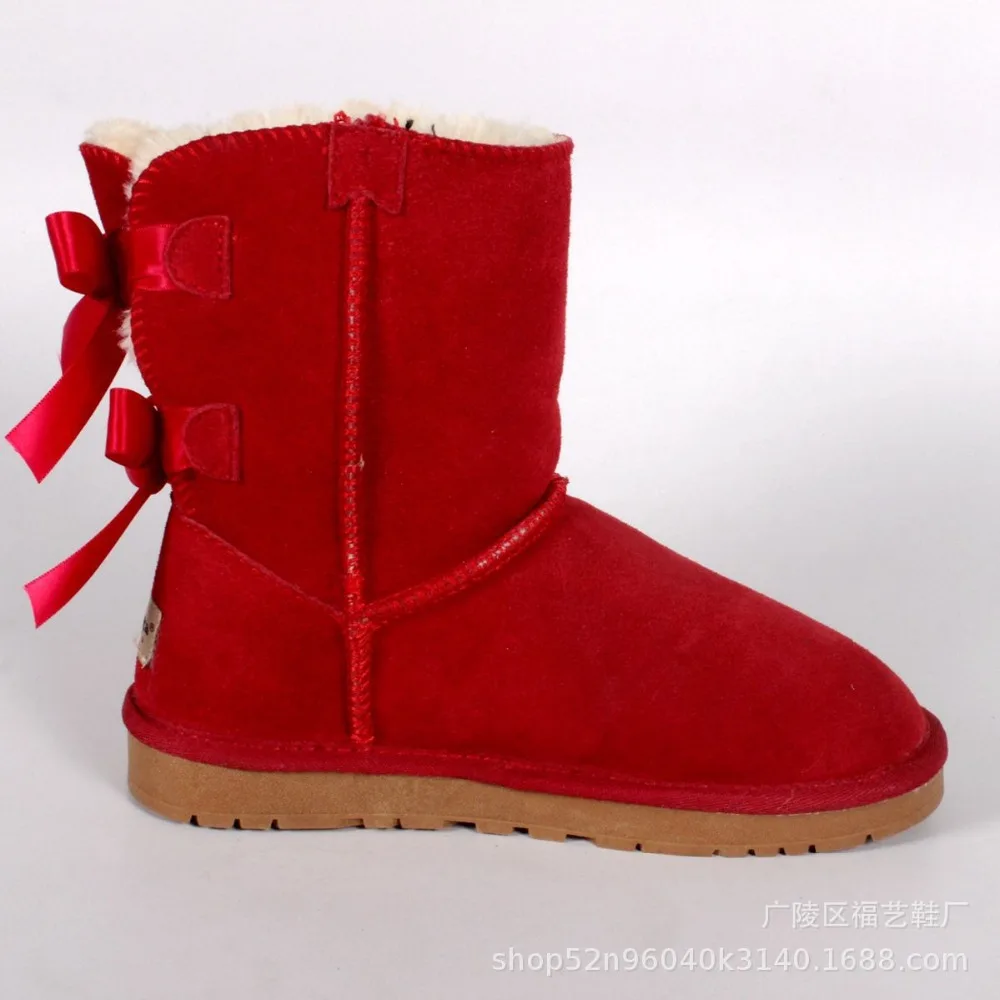 2019 winter new ladies leather snow boots bow imitation wool flat bottom feet round head non-slip warm and thick women's ankle b
