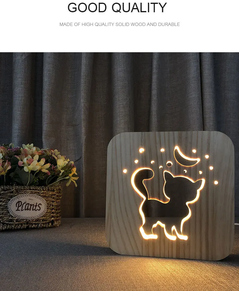 Creative Wooden Lamp Animal Cute Cat Night Lamp Bedside Lamp 3D Shadow Wooden LED Table Light Carving Lamp for Children's Room Decoration (1)