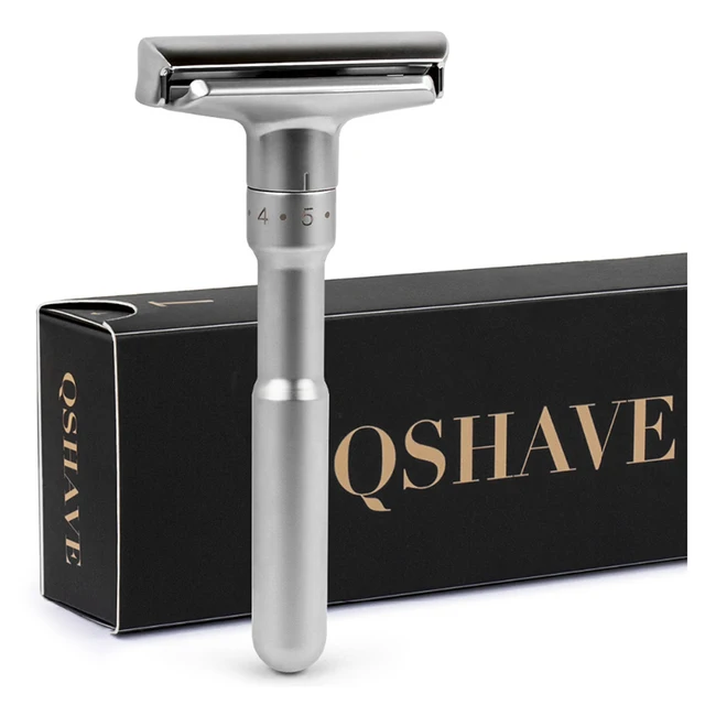 QSHAVE Adjustable Safety Razor Double Edge Classic Mens Shaving Mild to Aggressive 1-6 File Hair Removal Shaver it with 5 Blades 1