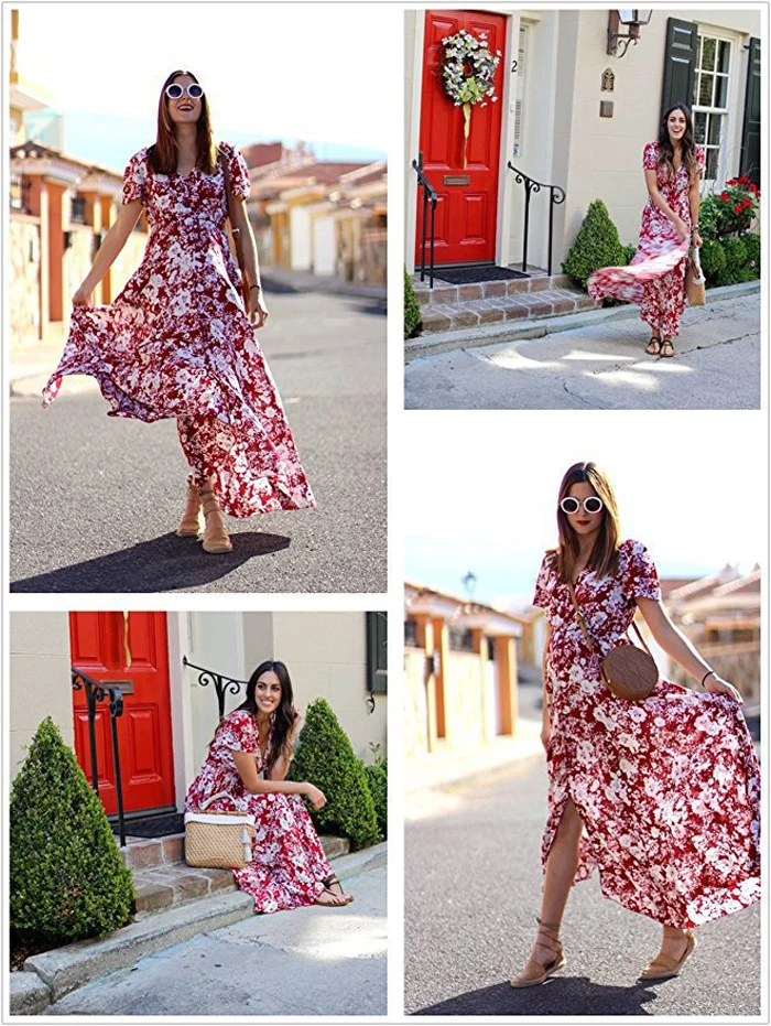 

2019 new Bohemian vintage ethnic pattern holiday style v-neck loose long dress dress