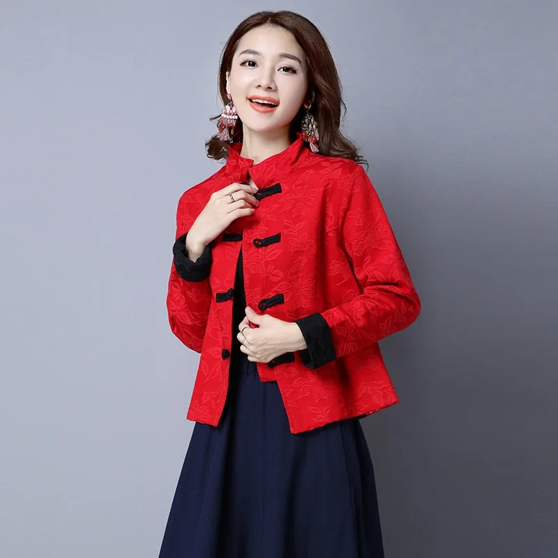 New Year Chinese Style Clothing Women Hanfu Vintage Long Sleeve Cotton Linen Tang Suit Traditional China Fashion Tops Coat 12073