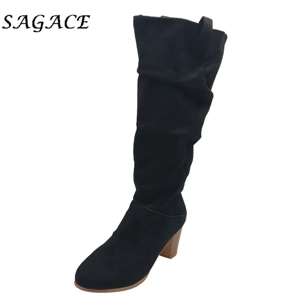 SAGACE/обувь из флока; женские сапоги до колена; женские сапоги на платформе с квадратным каблуком и острым носком без застежки; зимние женские сапоги