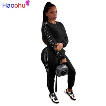

Beaded Sexy 2 Piece Matching Set Sweatsuit Women O-Neck Full Sleeve Slim Hoodie and High Waist Pants Plus Size Autumn Winter Set