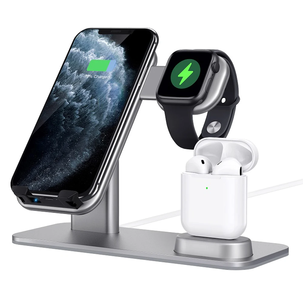 15W Aluminum 3 in 1 Wireless Charger Qi Fast Charging stand For iPhone Dock Station Vertical for iWatch AirPods Smart Phone