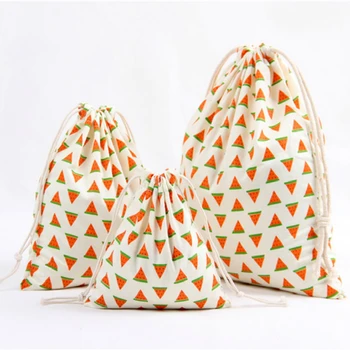 

3 Size Fruit Design Printed Drawstring Bag Pocket Storage Pouch Watermelon Pattern Backpack Women Cotton Fabric Bags