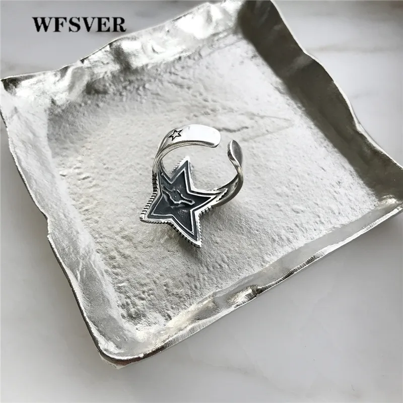 

WFSVER 925 Sterling Silver Jewelry Ring Hip Hop Pentagram Shape Opening Adjustable Ring Female Fashion Jewelry Party Present