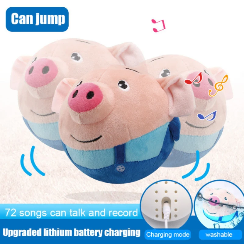 Pet Cartoon Pig Doll Bouncing Jump Ball Toy Vocal Electric Interaction Washable Sing Cute Toys with USB Rechargeable Pet Ball Toy Bouncing Pig in Blue Clothes 