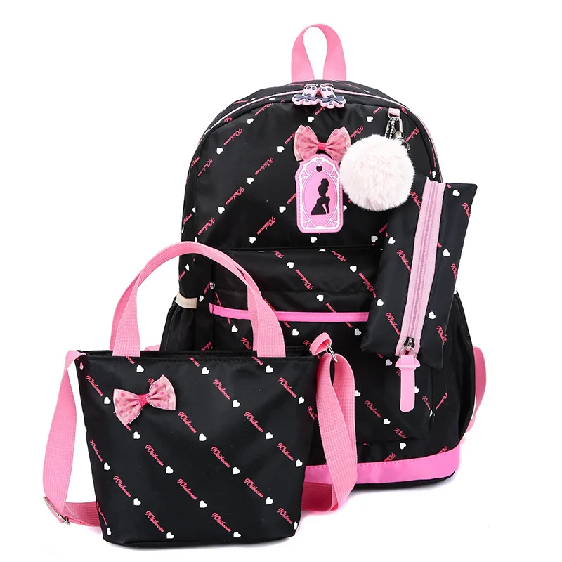 Double-back three-piece backpack middle school student female casual canvas print bow,Schoolbag, backpack,backpack,backpack