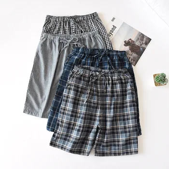 

Summer Pure Cotton Pajama Pants Men Gauze Shorts Plaid Thin Outer Wear Men's Home Wear