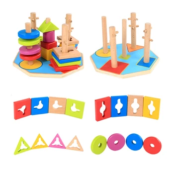 

Wooden Montessori Materials Educational Game Blocks 5 Pillar Matching Color Shape Montessori Toy Wooden Block Toy