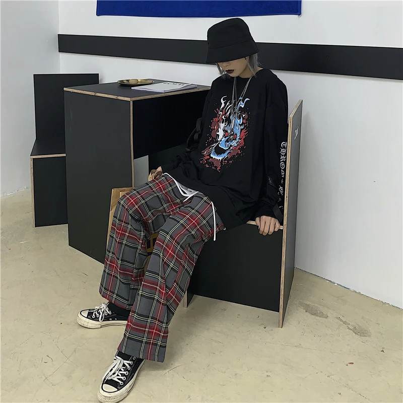 Woherb Harajuku, уличная одежда, прямые широкие брюки в клетку, женские повседневные свободные модные брюки для женщин, корейский стиль, новинка 91395