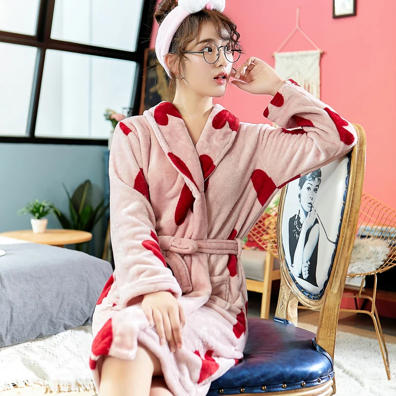 Lovely Robe Women Coral Fleece Nightwear Autumn Winter Warm Sleepwear Intimate Lingerie Home Cothes Flannel Homewear Nightdress