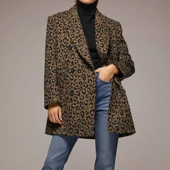 

KUMSVAG 2020 Autumn Winter Women Leopard Blazers Coats Long Sleeve Double Breasted Female Casual Long Blazer Outerwear Clothing