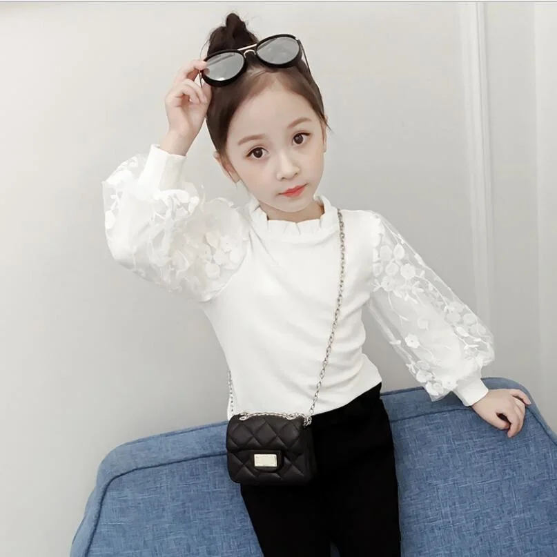 Kids Cotton Blouse Autumn Girls White Lace Puff Sleeve