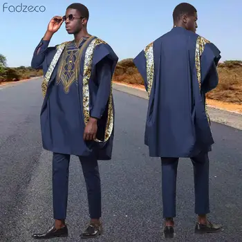 

Fadzeco African Men Dashiki Suits Top Shirt Pant Set 3 Pieces Outfit Set Embroidery Navy Blue African Mens Clothes Robe Big Size
