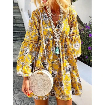 

Summer Casual Loose Dress Vintage Long Sleeve V-neck Boho Dresses Sundress Women Plus Size Clothings Robe Femme