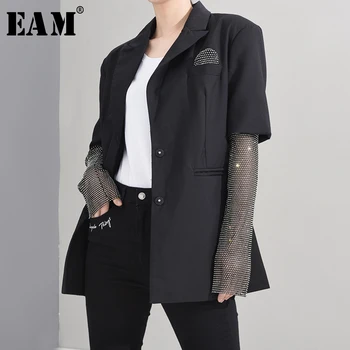 

[EAM] Loose Fit Black Rhinestones Shining Jacket New Lapel Long Sleeve Women Coat Fashion Tide Spring Autumn 2020 1A30901
