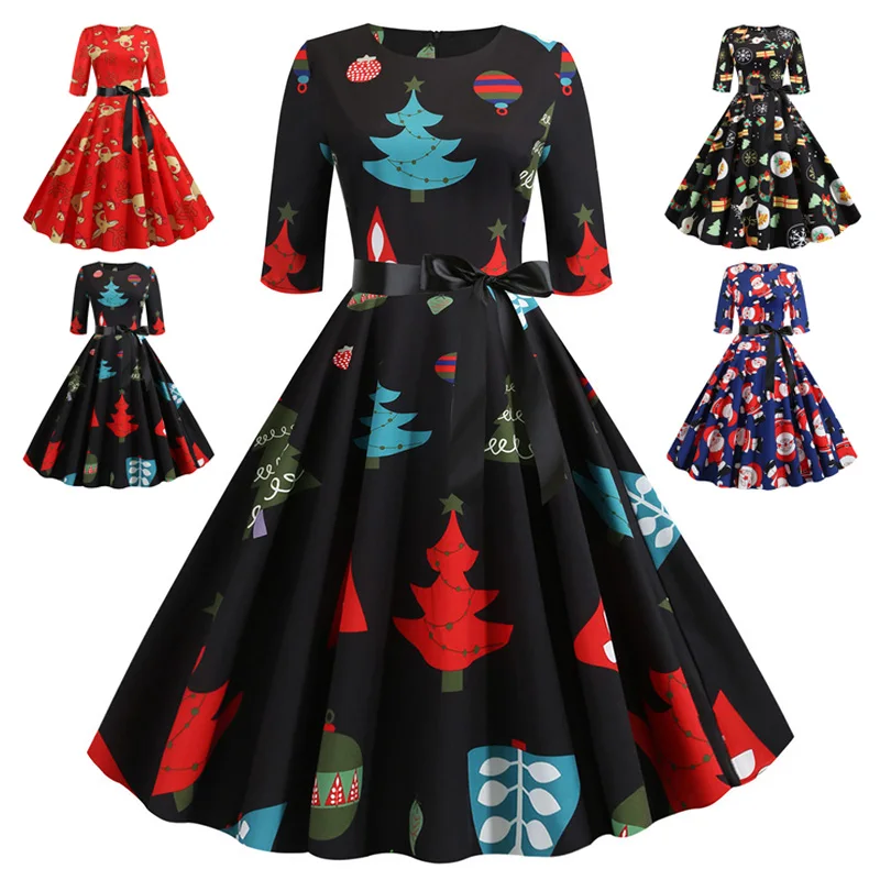 printed high waist and large swing evening dress