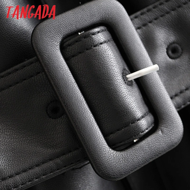 price cut  Tangada Women faux leather jacket coat with belt turn down collar Ladies Long Sleeve boyfriend styl