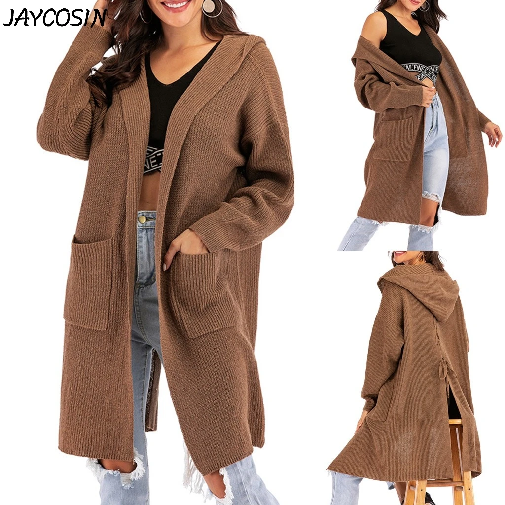 JAYCOSIN, женские свитера, однотонный, длинный рукав, карман, сзади, шнуровка, с капюшоном, вязаный свитер, пальто, зима, повседневный кардиган, свитер, пальто