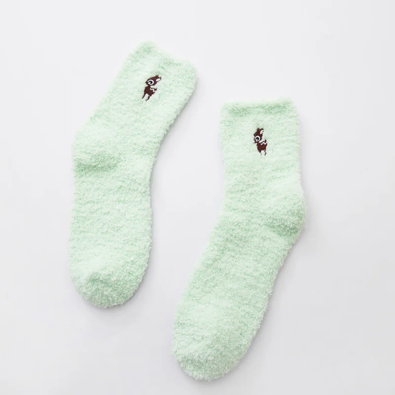 Женские носки с вышивкой, утепленные хлопковые, милые, плюшевые, сохраняющие тепло, женские, забавные, зимние носки, пушистые, kawaii, 1 пара - Цвет: deer-green