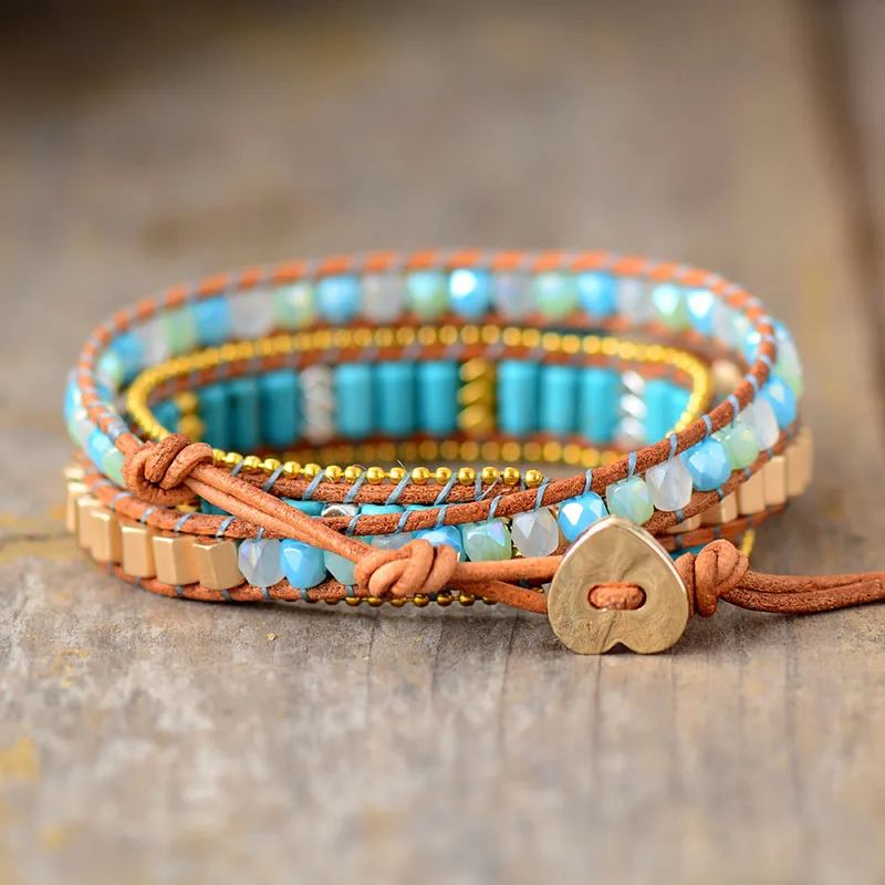 Multilayers Women Leather Wrap Bracelets W/ Turquoises Rhinestone Beaded 3X Cuff Bracelet Boho Jewelry Wholesale Dropship