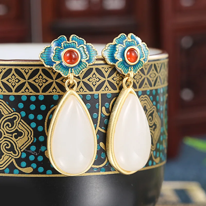 

SA SILVERAGE National Style Retro Earrings Classical Earring S925 Sterling Silver Inlaid Hetian Jade Drop-shaped Earrings Ladies