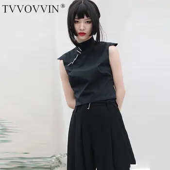 

Loose Vintage Short Pleated Shirt Women Clothes 2020 Summer New Fashion Casual Mandarin Collar Sleeveless Blouse Top XJ4327