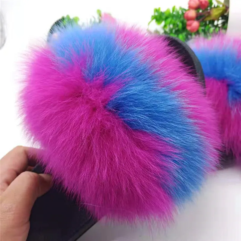 Color matching Женские зимние пушистые тапочки; женские шлепанцы с натуральным лисьим мехом; Домашние пушистые домашние тапочки для девочек; повседневные домашние меховые сандалии унисекс; большие размеры - Цвет: Color matching