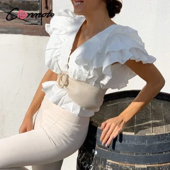

Conmoto Sexy V-neck white ruffled tops blouse womensummer retro trumpet sleeve short shirt high street solid ladies tops blouses