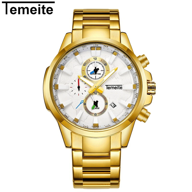 gold white TEMEITE мужские часы из нержавеющей стали топ бренд Роскошные спортивные часы для мужчин 3ATM кварцевые наручные часы мужские Alram календарь Relogio - Цвет: gold white