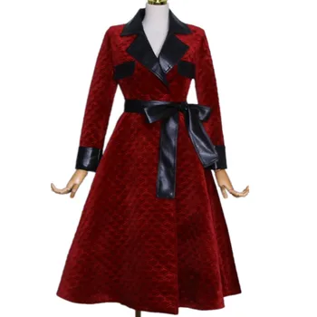 

2020 winter new fashion lapel cotton-padded jacket women PU leather stitching velvet quilted high waist long belted coat