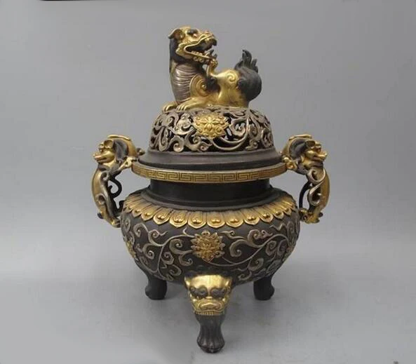 Regius Pure Bronze 24K Gold Silver-gilt Foo Dog Lion Two Dragon kylin Censer | Дом и сад