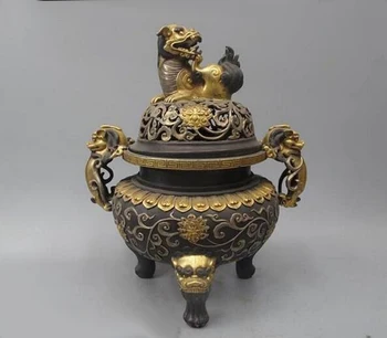 

Regius Pure Bronze 24K Gold Silver-gilt Foo Dog Lion Two Dragon kylin Censer
