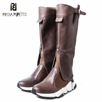 

Prova Perfetto Genuine Leather Women's Mid-calf Boots Mixed Colors Leisure Wedges Round Toe Zipper Wearproof Women Sports Boots
