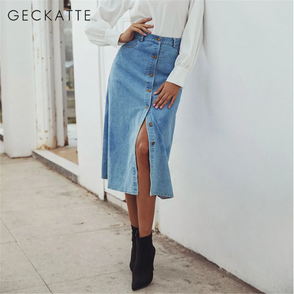 

GECKATTE women sexy blue basic denim skirts 2020 korea fashion pocket ladies a-line skirt high waist vintage skirts female