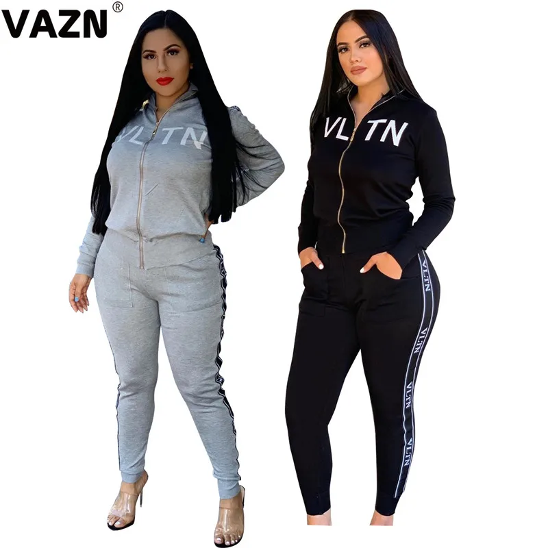 VAZN BS1134 серый горячий модный офисный женский сексуальный комплект из 2 предметов Женский комплект с круглым вырезом капюшон длинный рукав длинные брюки облегающий комплект