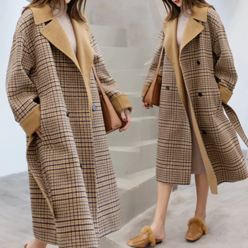 Зимнее шерстяное Женское пальто, большой размер, длинный рукав, пальто Хепберн, Свободное длинное шерстяное пальто, верхняя одежда, модное клетчатое пальто