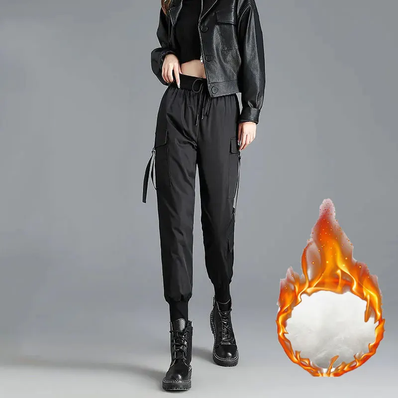 

2022 Winter Thicken Cargo Pants Women Streetwear BF Pocket Drawstring Down Pantalones Black Cotton Stretch High Waist Trousers