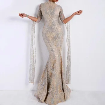

Hot Silver Slim Dress Maxi Floor-length Dress Elegant Split Long Sleeve Stylish Bodycon Long Dress Glitter Night Party Dresses